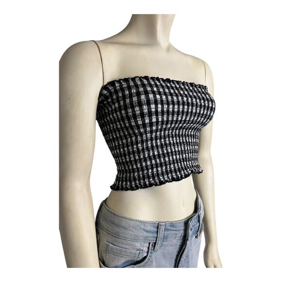 John Galt Strapless Gingham Festival Top Shirt Blouse Summer Beach Crop y2k Boho - Picture 2 of 6